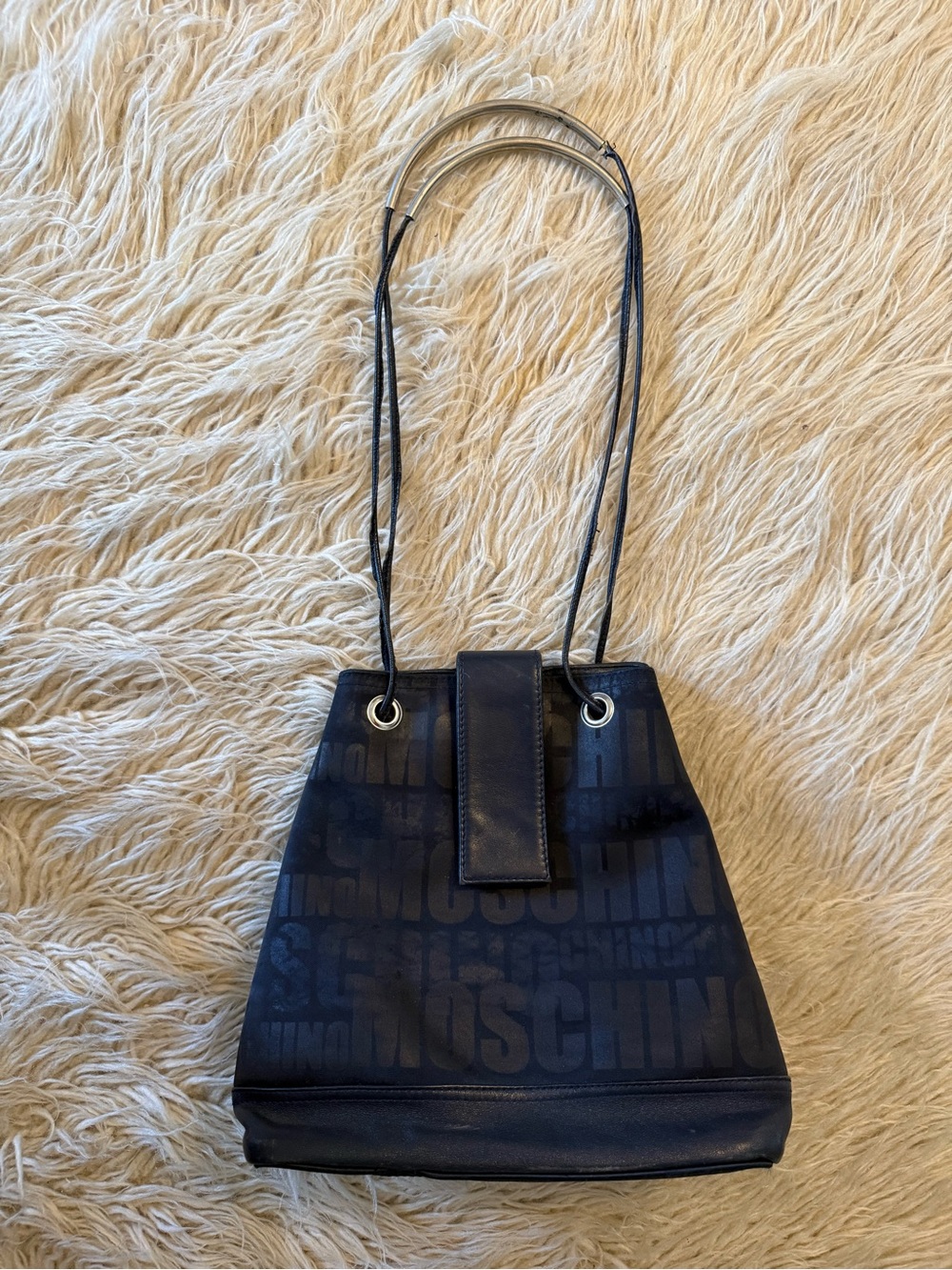 Moschino vintage Navy Logo Shoulder Bag with Silver Accents